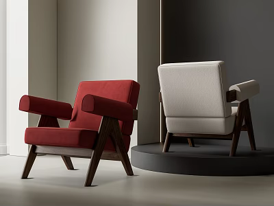 Modern Minimalist Accent Chairs In Red And Beige With Wooden Legs For Interior Space 3d model