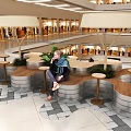 Public Chairs In Mall Interior With Umbrella Structures Plants And Tiled Floor