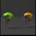 Bright Green Safety Helmet With Clear Visor Black Knob And Red Buckle