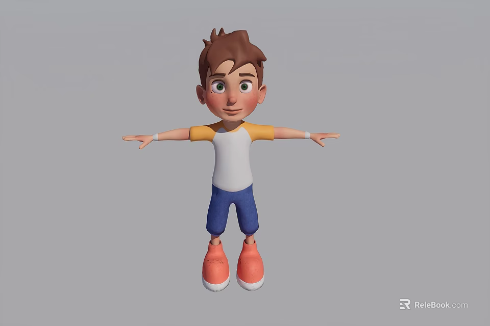 Cartoon Man In White T Shirt Yellow Sleeves Blue Shorts And Orange Shoes Arms Outstretched 3d model 