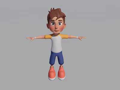Cartoon Man In White T Shirt Yellow Sleeves Blue Shorts And Orange Shoes Arms Outstretched 3d model