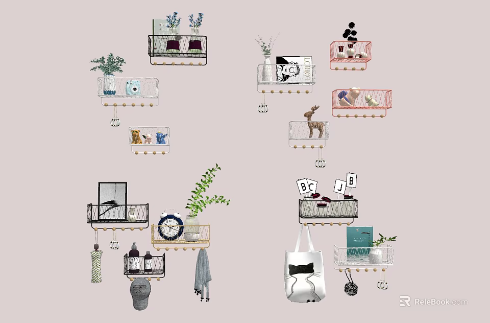 Stylish Wall Cabinets And Mounted Shelves With Decorative Plants Small Ornaments And Storage 3d model 