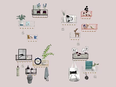 Stylish Wall Cabinets And Mounted Shelves With Decorative Plants Small Ornaments And Storage 3d model