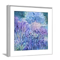 Watercolor Botanical Painting With Purple Blue Grass Flowers In White Frame