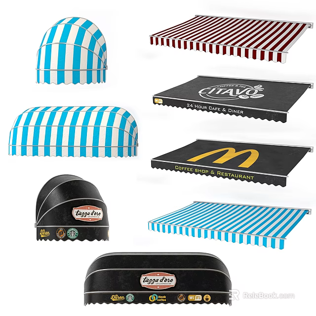 Commercial Awnings Featuring Colorful Striped Designs And Branded Logos For Business Storefronts 3d model 