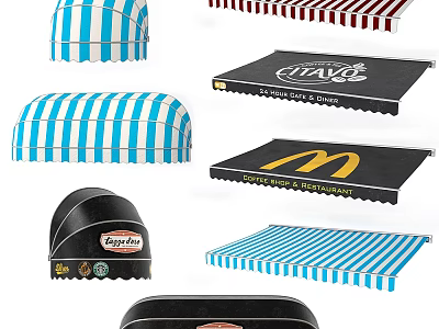 Commercial Awnings Featuring Colorful Striped Designs And Branded Logos For Business Storefronts 3d model