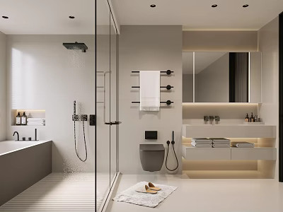 Modern Bathroom Interior Design With Glass Shower Bathtub Large Mirror And Storage Cabinets 3d model
