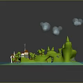 Cartoon Scene Featuring Green Island Blue Water Trees Houses And Fluffy Clouds
