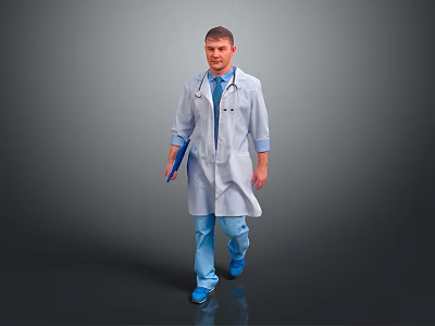Man Doctor Wearing White Lab Coat Holding Blue Clipboard Walking On Gray Background 3d model