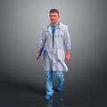 Man Doctor Wearing White Lab Coat Holding Blue Clipboard Walking On Gray Background