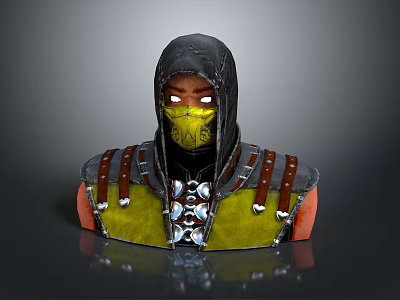 A Man In Hooded Green Outfit With Yellow Mask Brown Straps And Metal Accents 3d model