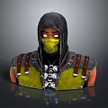 A Man In Hooded Green Outfit With Yellow Mask Brown Straps And Metal Accents