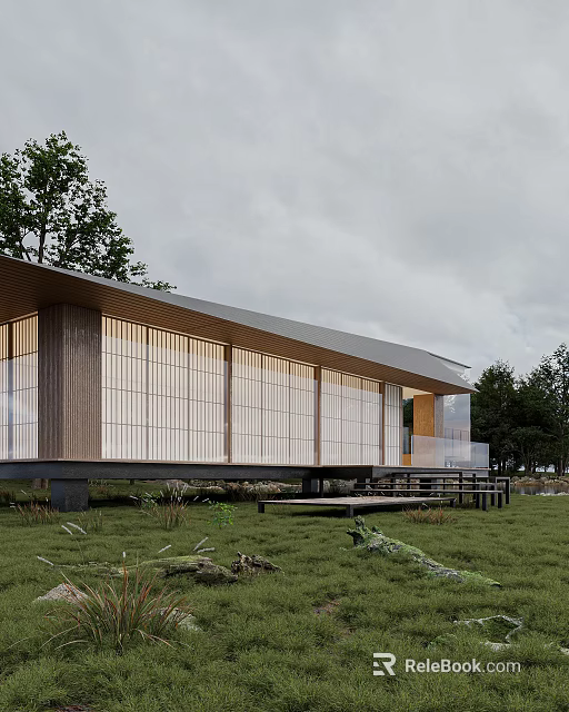 Modern Wooden House Exterior With Large Glass Windows Open Layout And Green Natural Surroundings 3d model 