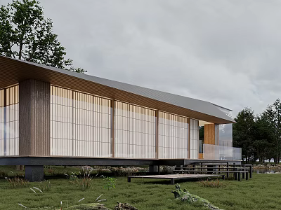 Modern Wooden House Exterior With Large Glass Windows Open Layout And Green Natural Surroundings 3d model