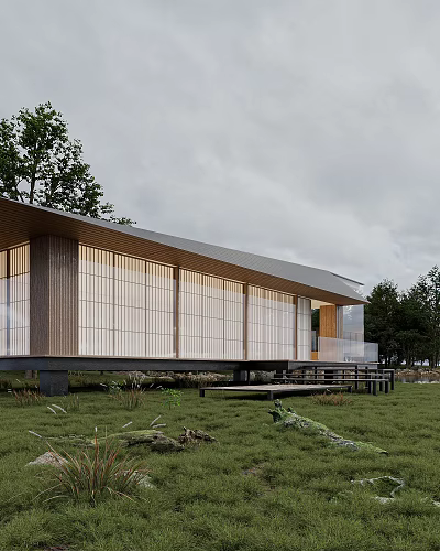 Modern Wooden House Exterior With Large Glass Windows Open Layout And Green Natural Surroundings 3d model