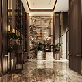 Luxurious Front Desk Reception With Elegant Chandelier Marble Floor And Wooden Decorations