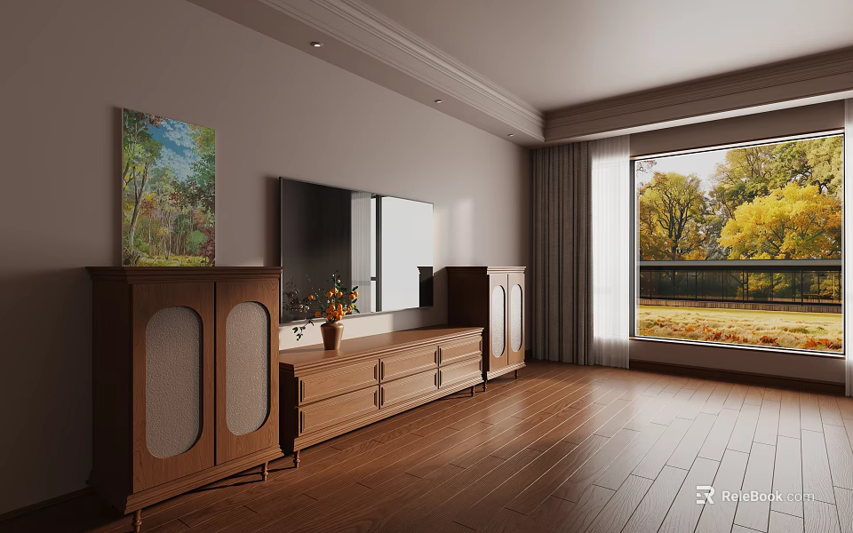 Wooden TV Stand With TV Speaker Vase And Wall Painting Near Autumn Window 3d model 