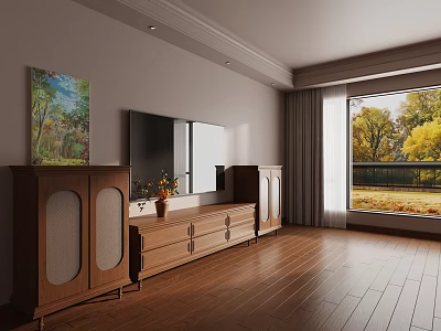 Wooden TV Stand With TV Speaker Vase And Wall Painting Near Autumn Window 3d model