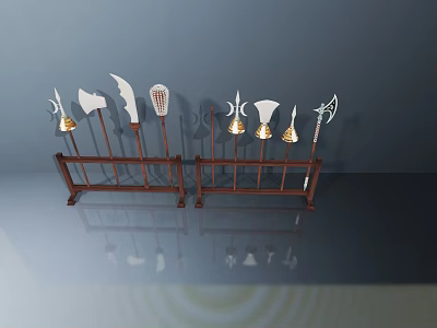 Ancient Weapons Displayed on Brown Racks With Various Types Like Axes Spears Shields Golden Decorations 3d model