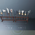 Ancient Weapons Displayed on Brown Racks With Various Types Like Axes Spears Shields Golden Decorations