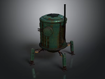 Vintage Green Rusty Industrial Equipment With Cylindrical Body Four Legs And Vertical Pipe 3d model