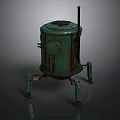 Vintage Green Rusty Industrial Equipment With Cylindrical Body Four Legs And Vertical Pipe