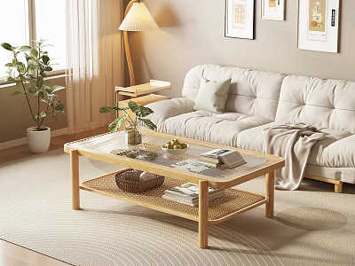 Modern Light Colored Large Sofa Living Room With Coffee Table Throw Blanket Potted Plant And Wall Paintings 3d model