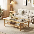 Modern Light Colored Large Sofa Living Room With Coffee Table Throw Blanket Potted Plant And Wall Paintings