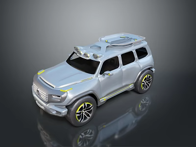 Silver SUV With Roof Rack Yellow Accents LED Headlights And Distinctive Wheels 3d model