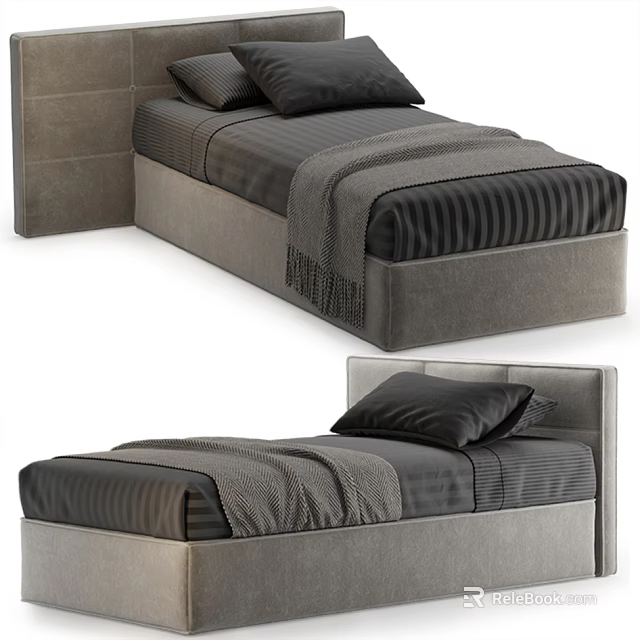 Modern Single Bed With Upholstered Headboard Striped Sheets Black Pillows And Gray Throw Blanket 3d model
