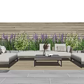 Gray Outdoor Sofa Set On Patio With Wooden Wall Purple Flowers And Greenery