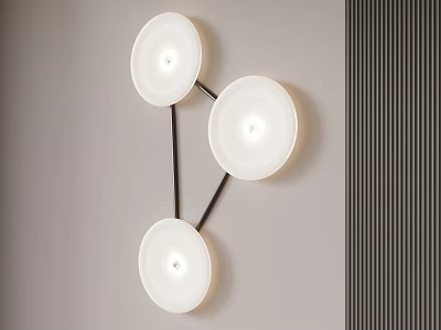 Three White Circular Wall Lamps with Black Brackets on Light Gray Wall and Dark Stripe 3d model