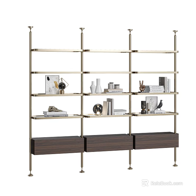 Modern Brass Frame Bookshelf with Multiple Shelves Walnut Drawers and Decorative Items 3d model 