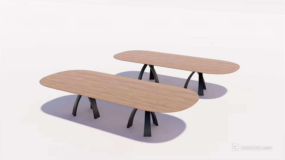 Two Oval Shaped Wooden Dining Tables With Black Metal Legs Design 3d model 