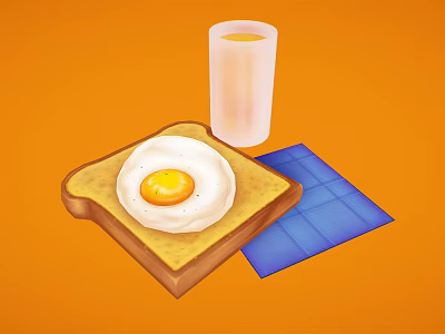 Delicious Breakfast Toast With Fried Egg And Orange Juice On Blue Placemat 3d model
