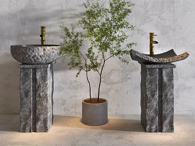 Stone Pedestal Washbasins With Golden Faucets And Small Tree In Gray Pot 3d model