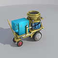 Mobile Industrial Equipment With Blue Control Panel Yellow Hopper Connected Pipes And Red White Wheels