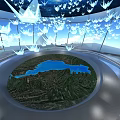 Modern Curved Interior Space Featuring Starry Sky Ceiling White Bird Decorations And City View