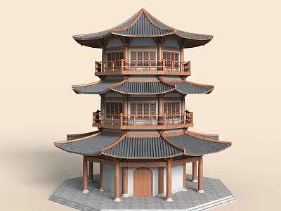 Traditional Chinese Three Story Tower With Overhanging Eaves Wooden Structure Tile Roof And Stone Base 3d model