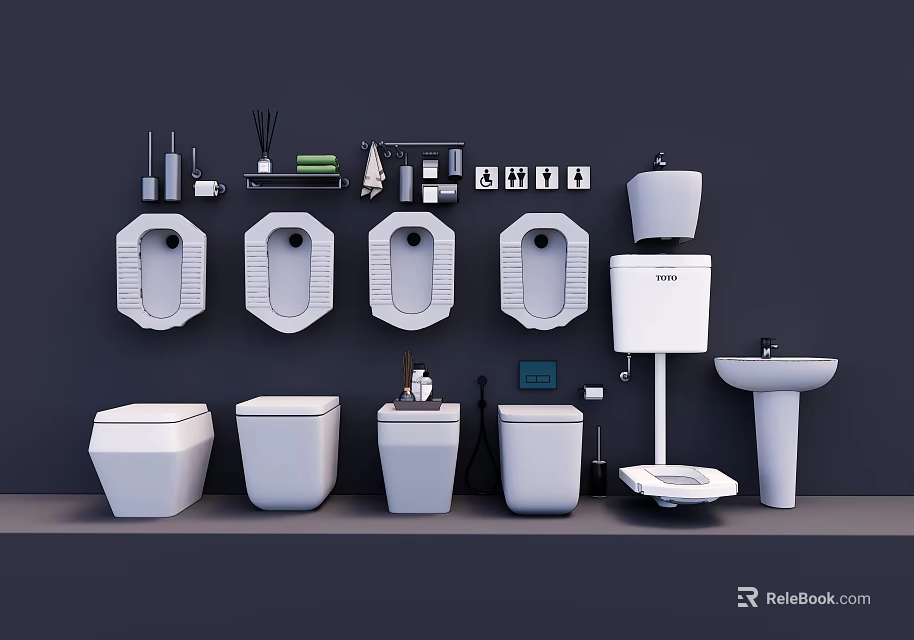 Sleek Modern Bathroom Suite With Toilets Urinals Sinks Cisterns And Accessories 3d model 