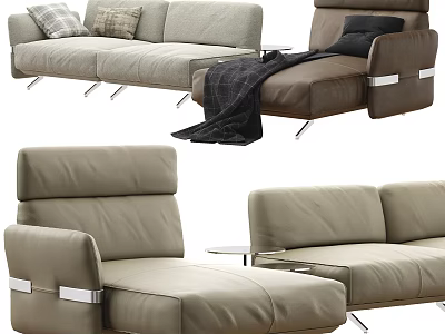 Modern Sectional Sofa With Light Gray Brown Upholstery Pillows Throw Blanket And Metal Legs 3d model