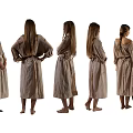 Woman In Beige Long Dress Shown From Multiple Standing Angles Holding Wooden Bucket