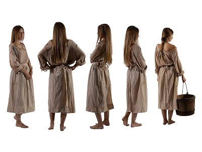 Woman In Beige Long Dress Shown From Multiple Standing Angles Holding Wooden Bucket 3d model