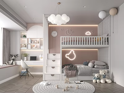 Kids Room Interior With Bunk Bed Moon Cloud Neon Lights White Chandelier And Stuffed Toys 3d model