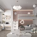 Kids Room Interior With Bunk Bed Moon Cloud Neon Lights White Chandelier And Stuffed Toys