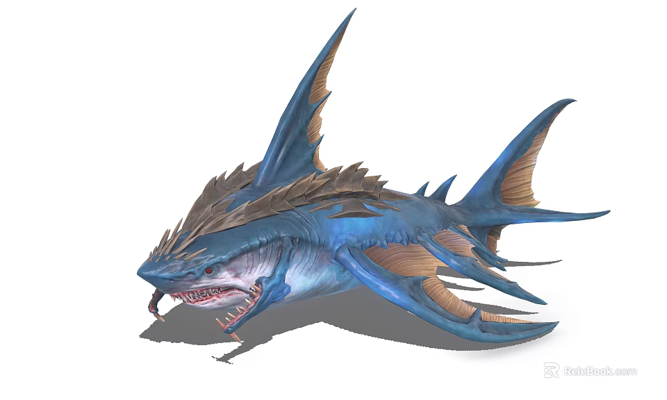 Ferocious Blue Spiked Shark Character With Winged Fins And Mythical Features 3d model 