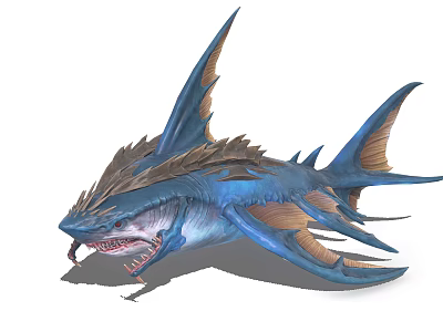 Ferocious Blue Spiked Shark Character With Winged Fins And Mythical Features 3d model