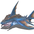 Ferocious Blue Spiked Shark Character With Winged Fins And Mythical Features