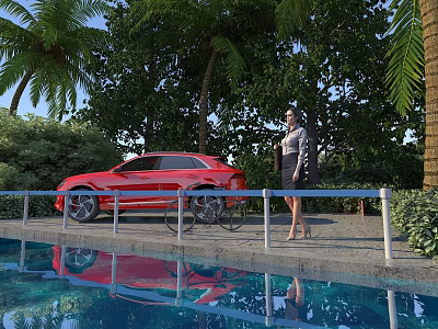 Red Car Parked By Swimming Pool With Palm Trees Green Plants And Water Reflection 3d model