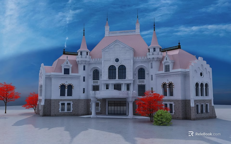 Historic Building Featuring White Exterior Pink Roof Spires Arched Windows Red Trees And Blue Sky 3d model